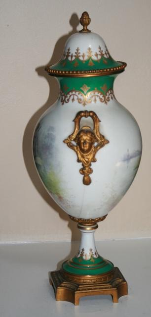 Sevres Urn ormalu handles 1890's figural woman landscape green gold