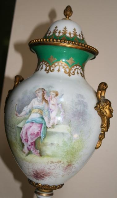 Sevres Urn ormalu handles 1890's figural woman landscape green gold