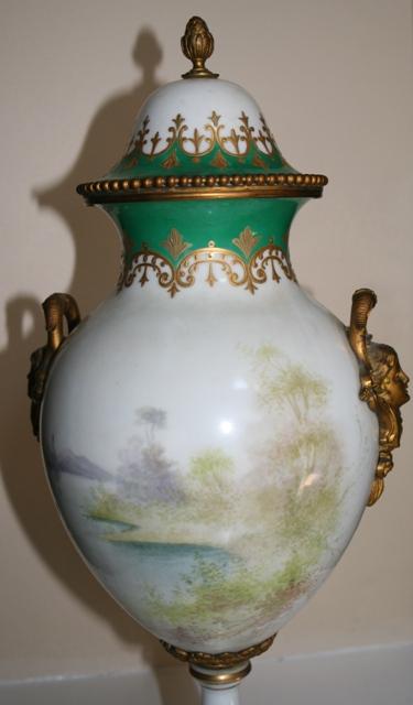 Sevres Urn ormalu handles 1890's figural woman landscape green gold