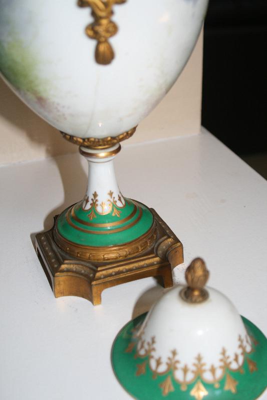 Sevres Urn ormalu handles 1890's figural woman landscape green gold