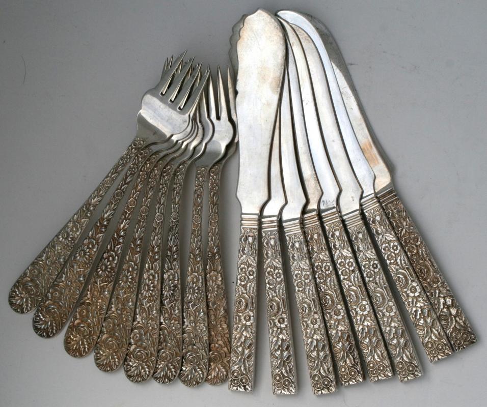 Repousse Kirk Fish Forks and Knives 8 sterling