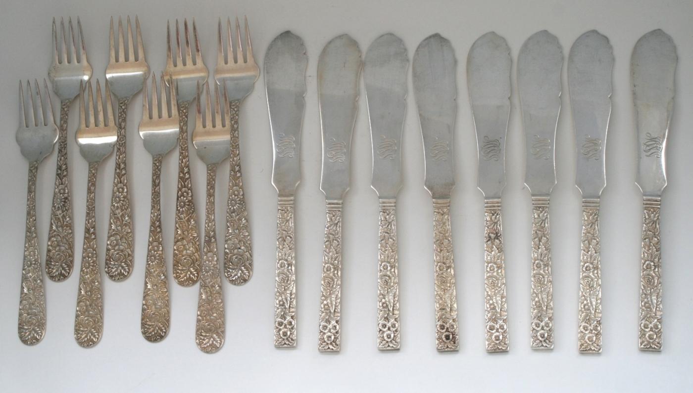 Repousse Kirk Fish Forks and Knives 8 sterling