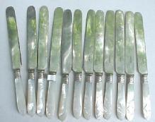 Mother of Pearl 12 Dinner knives sterling silver carved handles