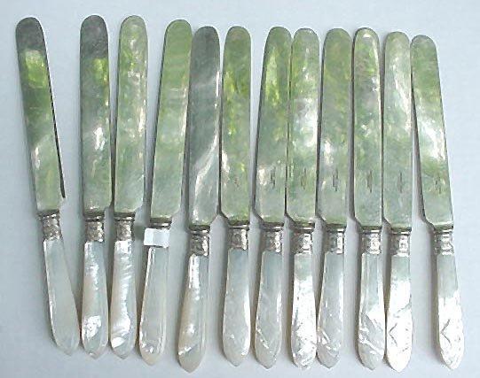 Mother of Pearl 12 Dinner knives sterling silver carved handles