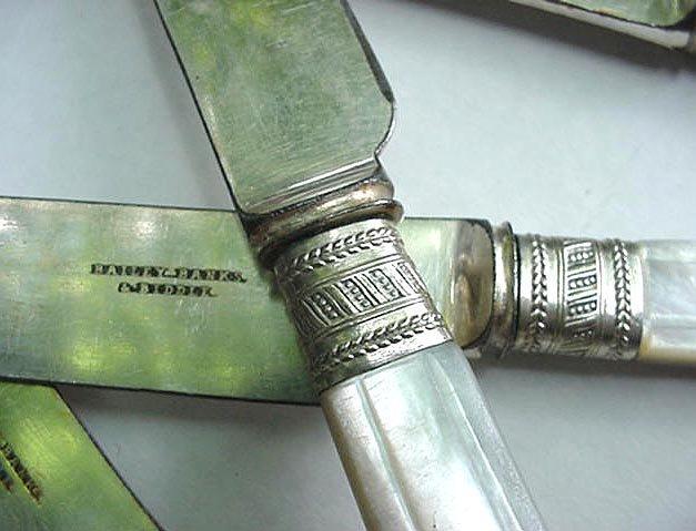 Mother of Pearl 12 Dinner knives sterling silver carved handles