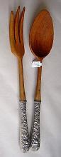 Repousse Salad Set Kirk Sterling Silver handles and Wood Ends