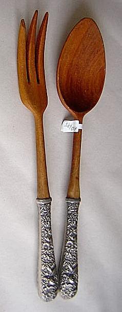 Repousse Salad Set Kirk Sterling Silver handles and Wood Ends
