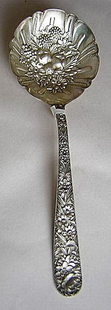 Repousse Berry Spoon Kirk Sterling Silver Flowers and Berries in bowl
