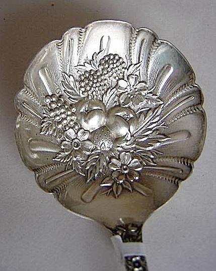 Repousse Berry Spoon Kirk Sterling Silver Flowers and Berries in bowl