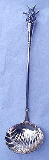 Figural Goat Head Coin silver boullion ladle made by J B in 1867