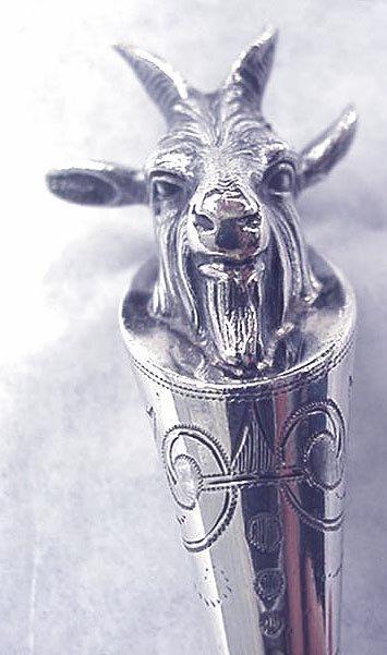 Figural Goat Head Coin silver boullion ladle made by J B in 1867