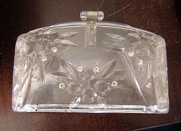 Clear Plastic Purse with flowers and jewels (Bakelite?)1940s