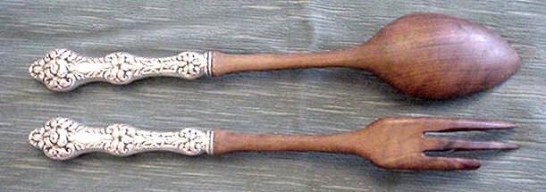 Old Orange Blossom Salad Set Alvin Sterling Silver Olive wood