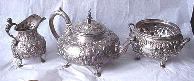 Kirk Repousse 11 oz. Tea Set Sterling Silver Indian finial 1870's