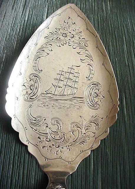 Pie Server Coin Silver Engraved Boat and Scene