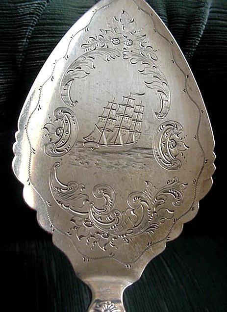 Pie Server Coin Silver Engraved Boat and Scene
