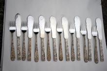 Repousse Kirk Fish Forks and Knives 8 sterling