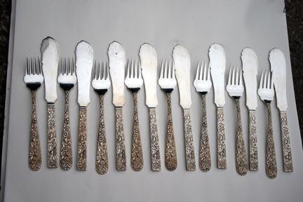 Repousse Kirk Fish Forks and Knives 8 sterling