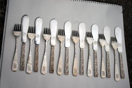 Repousse Kirk Fish Forks and Knives 8 sterling