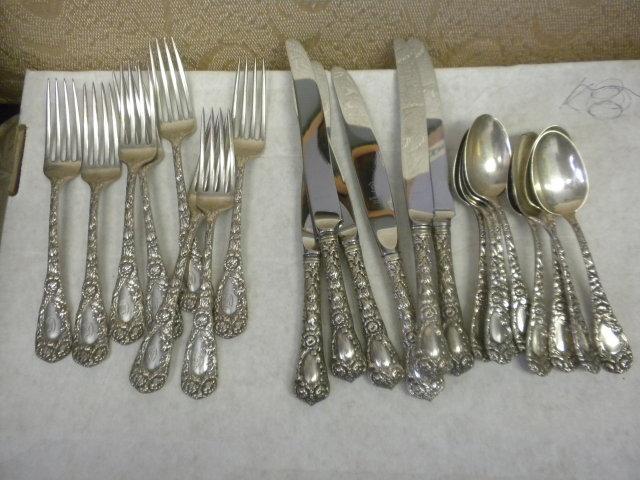 Chrysanthemum Durgin sterling silver 8 forks, 6 knives 8 tsp