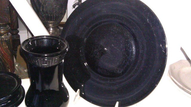 black amethyst glass vase greek key design