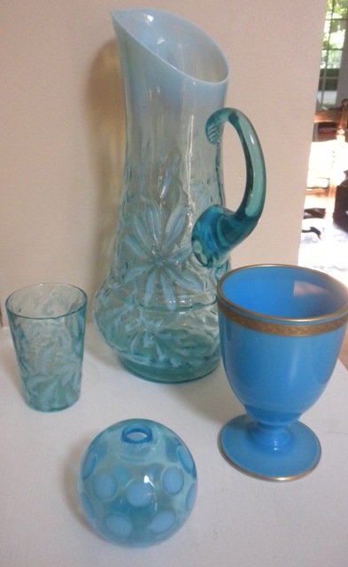 Glass light blue vase, cup, ball, tumbler