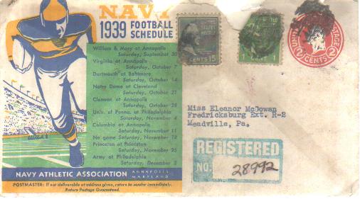 Navy 1939 Football Schedule Envelope