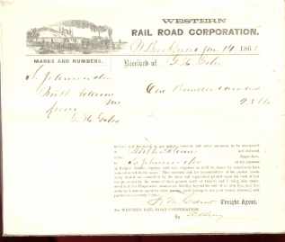 Western RR Corp 1863 Shipping Reciept