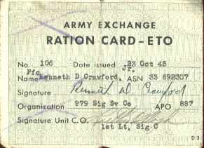 army exchange ration card Eto 1945 used