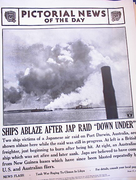 PHOTO OF SHIPS ABLAZE AFTER JAP RAID 1942