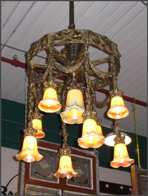 Brass Chandelier w/ Art Glass Shades