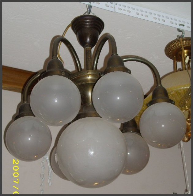 Brass Chandelier w/ 7 White Glass Globes