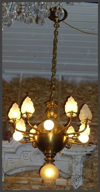 Unusual Brass Chandelier w/ Flame Shades