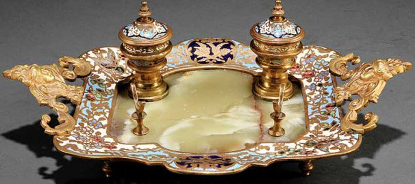 French Gilt Bronze Onyx & Champleve Ink Well