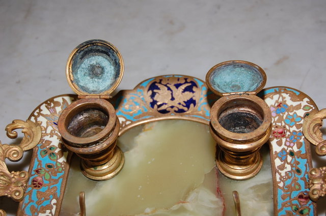 French Gilt Bronze Onyx & Champleve Ink Well