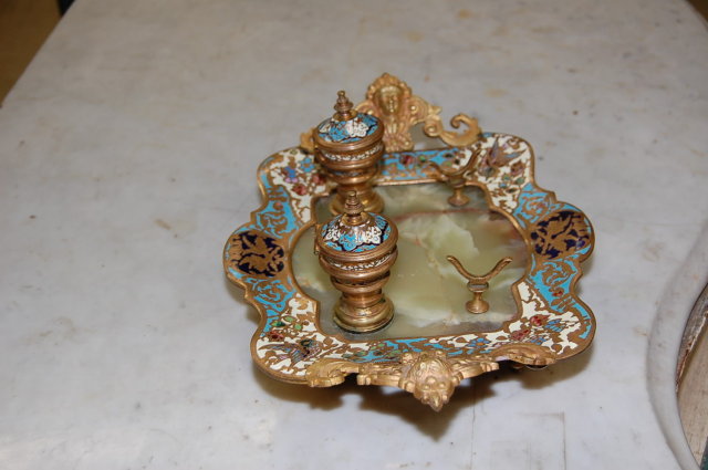 French Gilt Bronze Onyx & Champleve Ink Well
