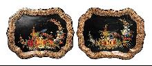 Pair Continental Hand Painted Tole Trays