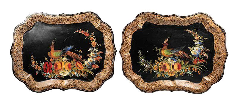 Pair Continental Hand Painted Tole Trays