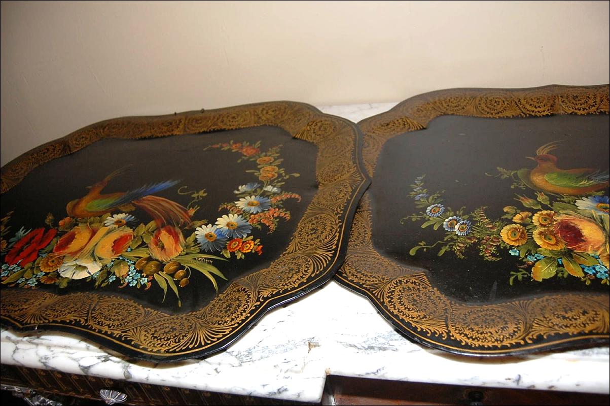 Pair Continental Hand Painted Tole Trays