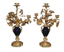 Pair French Dore Bronze & Cobalt Candelabra