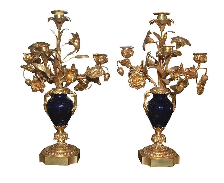 Pair French Dore Bronze & Cobalt Candelabra