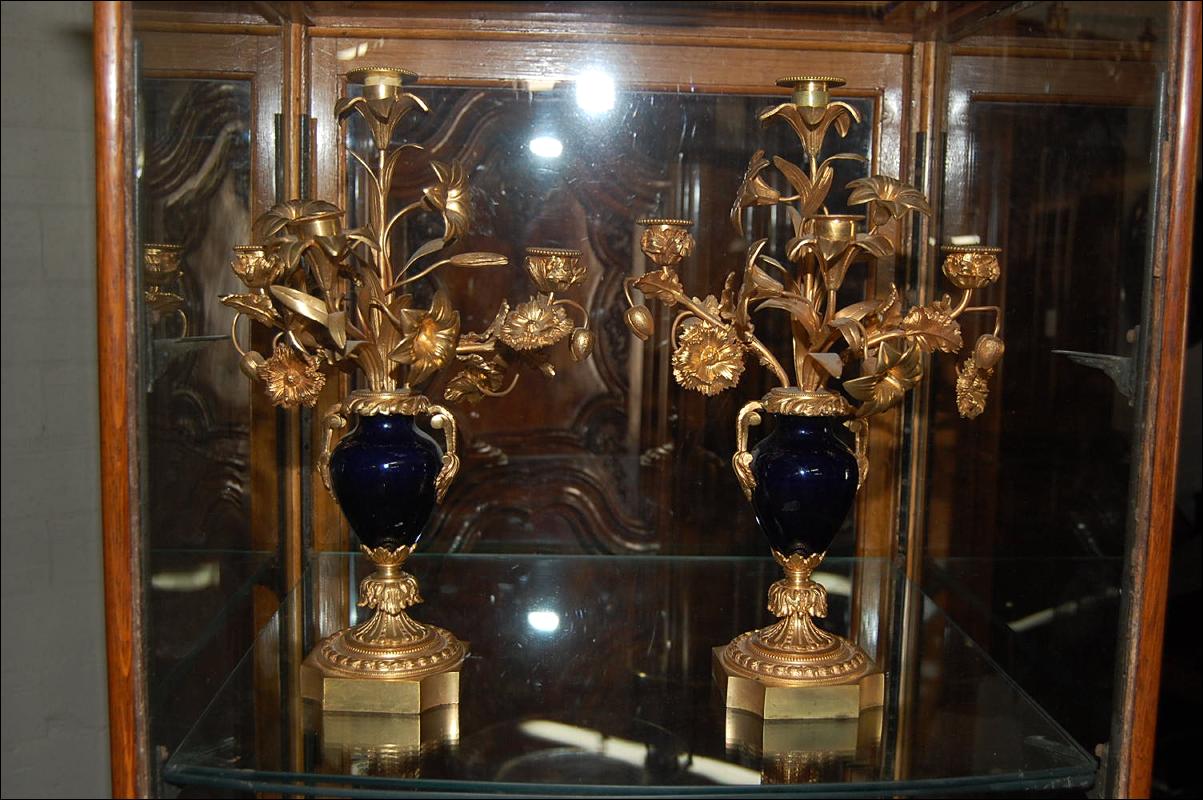 Pair French Dore Bronze & Cobalt Candelabra