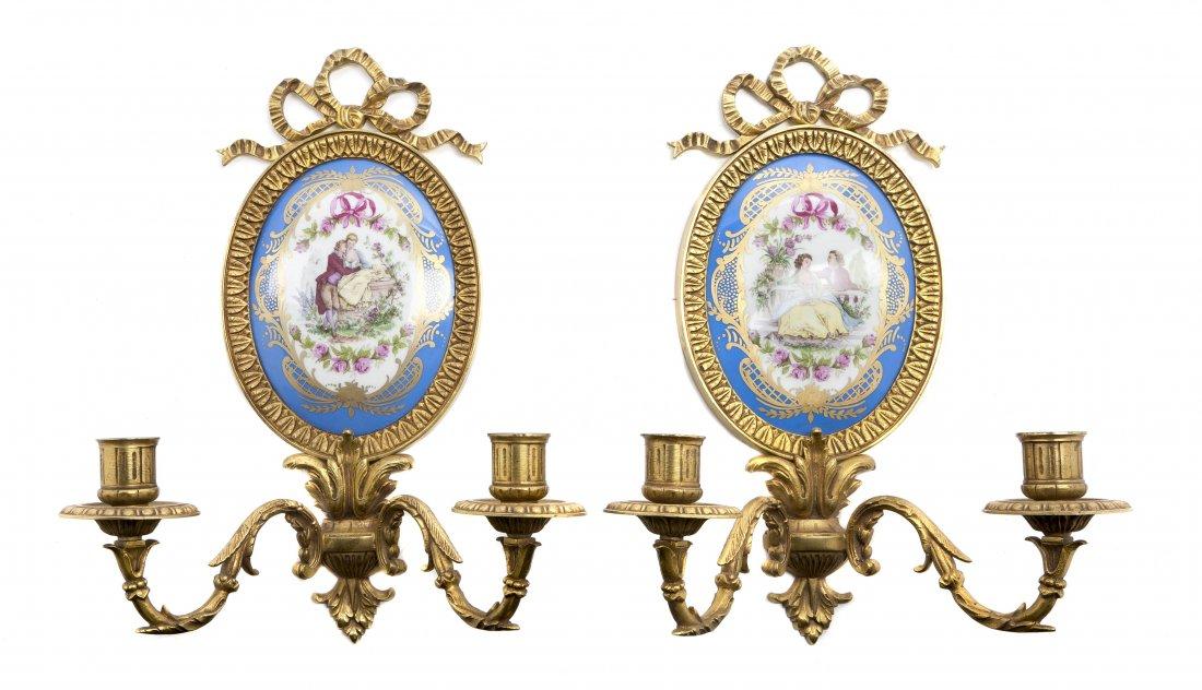 Pair Sevres Style Gilt Bronze Sconces