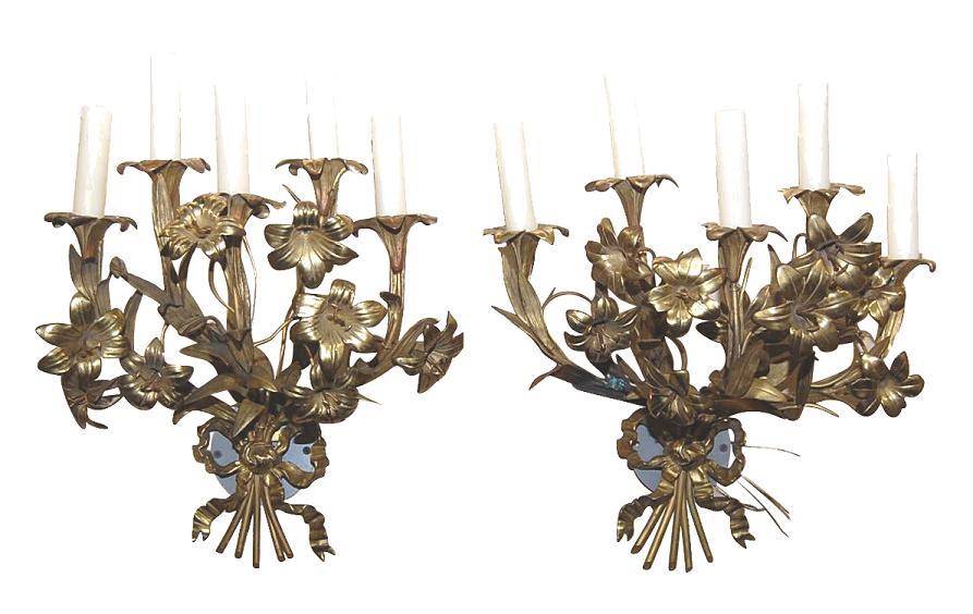 Pair Floral Gilt Brass Sconce