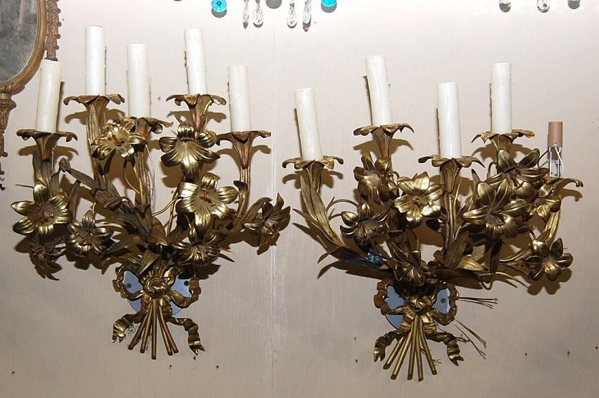 Pair Floral Gilt Brass Sconce