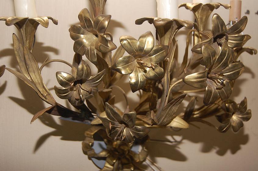 Pair Floral Gilt Brass Sconce