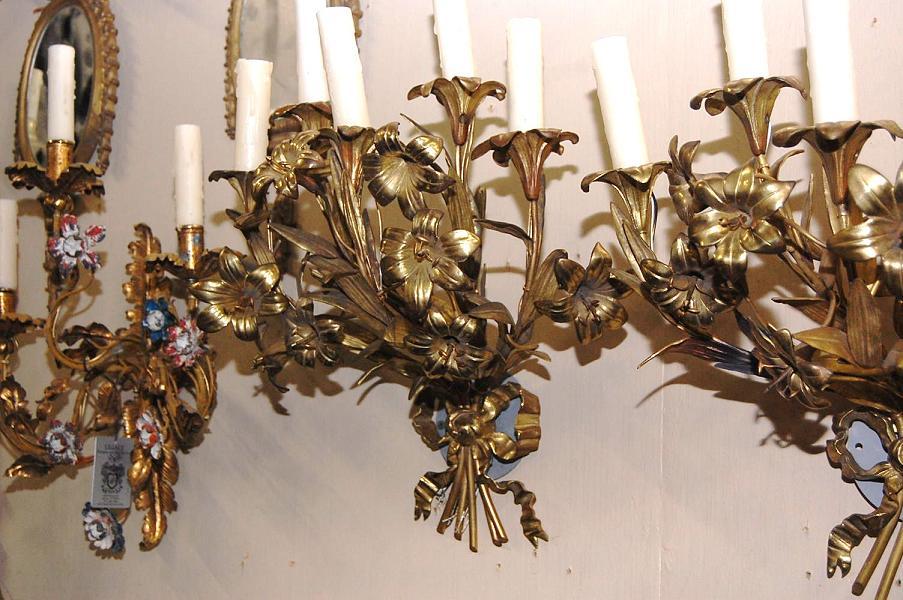Pair Floral Gilt Brass Sconce