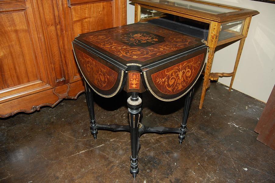French Marquetry Drop Leaf Side Table