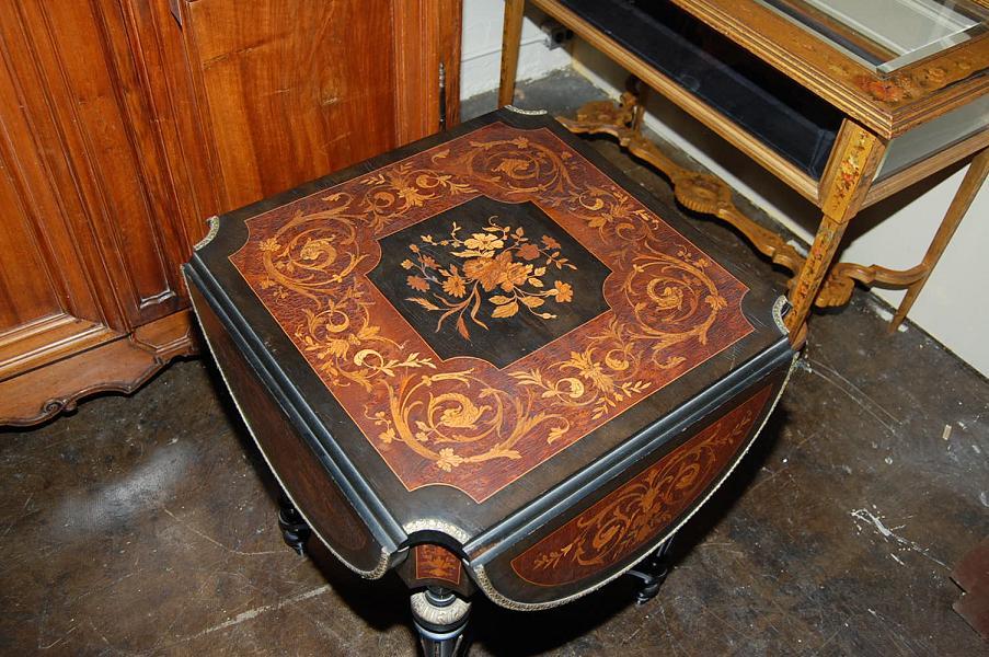 French Marquetry Drop Leaf Side Table