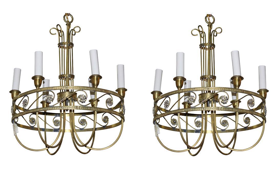 Pair French Brass Chandeliers